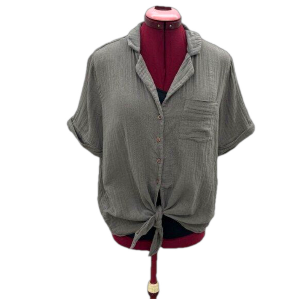 French Connection Crinkle Crepe Tie Front Short Sleeve Shirt Size L